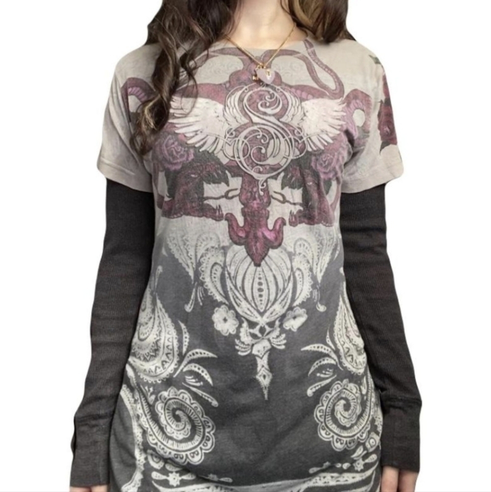 Y2K Sinful by Affliction Grunge Cross wings purple/white T-shirt woman's Medium